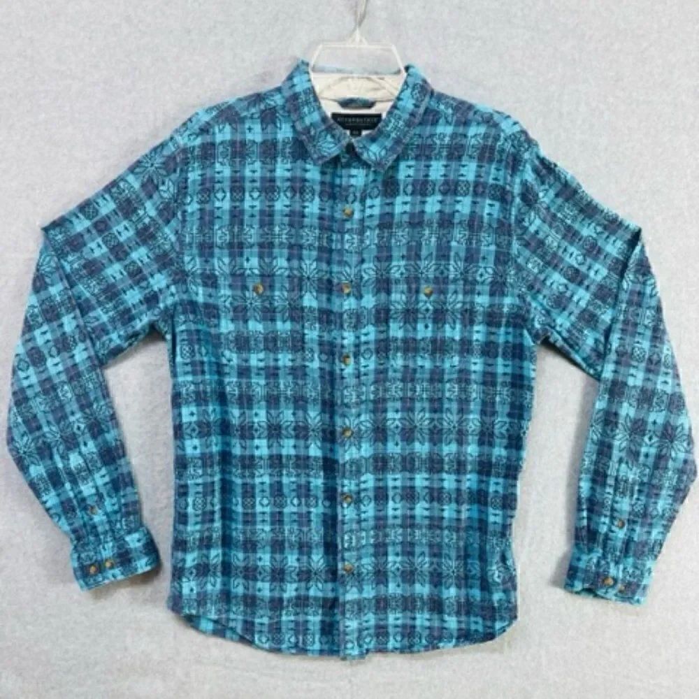 Aeropostale Men's M Southwestern Aztec Geometric Plaid Flannel Shirt Teal Blue T